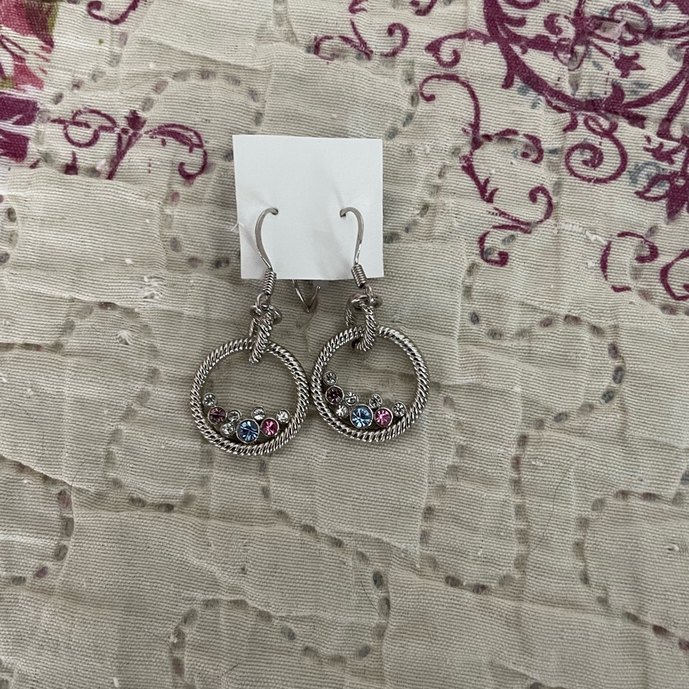 Silver hoop earrings w/ multicoloured gems